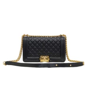 CHANEL MEDIUM BOY QUILTED LAMBSKIN GOLD CHAIN BLACK 25CM