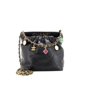 CHANEL HOBO RESIN CHARMS CHAIN BUCKET BAG QUILTED LAMBSKIN BLACK 20CM