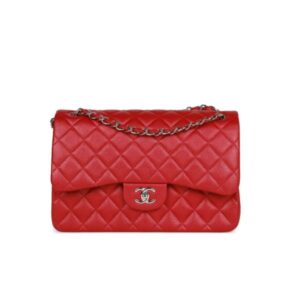 CHANEL JUMBO CLASSIC DOUBLE FLAP BAG METALLIC RED CAVIAR SILVER HARDWARE 33CM