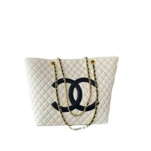 CHANEL CC SHOPPING BAG WITH CHAIN LAMBSKIN LEATHER WHITE 32CM