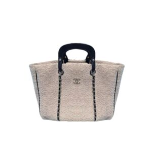 CHANEL DEAUVILLE LARGE TOTE SHOPPING BAG CRUMPLED SHEARLING GREY 40CM
