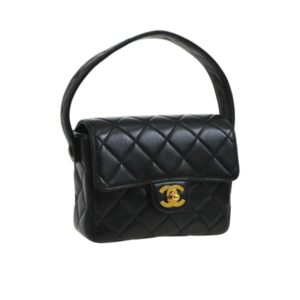 CHANEL LAMBSKIN LEATHER PARTY TOP HANDLE SATCHEL FLAP BAG BLACK 23CM