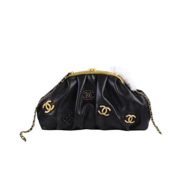 CHANEL CC CHAIN DOME FRAME CLUTCH EMBELLISHED LAMBSKIN BLACK 30CM