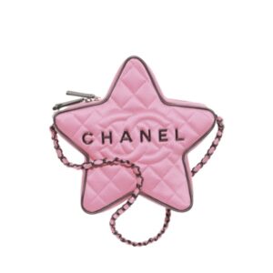 CHANEL STAR HAND BAG SATIN BLACK METAL LIGHT PINK 22CM