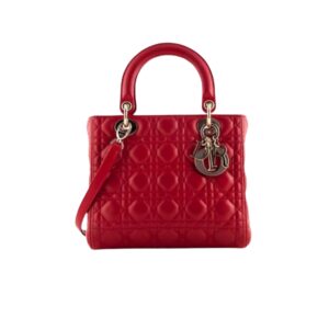 DIOR MEDIUM LADY BLUSH CANNAGE LAMBSKIN BAG RED 20CM
