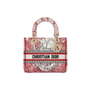 DIOR MEDIUM LADY D LITE BAG RED AND WHITE D ROYAUME D’AMOUR EMBROIDERY 24CM