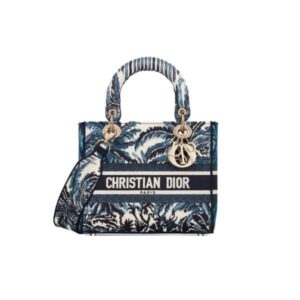 DIOR MEDIUM LADY D-LITE BAG BLUE TREES PALMS EMBROIDERY 24CM