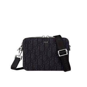 DIOR POUCH WITH SHOULDER STRAP BLACK OBLIQUE JACQUARD 17CM