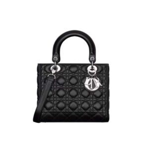 DIOR MEDIUM LADY DIOR BAG CANNAGE LAMBSKIN BLACK SILVER HARDWARE 24CM