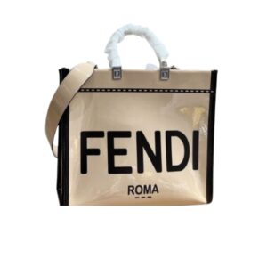 FENDI SUNSHINE MEDIUM CANVAS AND PATENT LEATHER SHOPPER BAG BEIGE