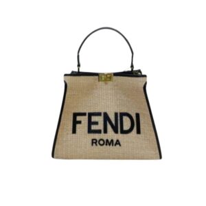 FENDI PEEKABOO RAFFIA TOTE BAG BEIGE BLACK 28CM