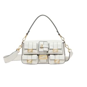 FENDI MULTIPOCKET BAGUETTE BROWN FF JACQUARD FABRIC BAG WHITE 26CM 8BR808ABVEF0K7E