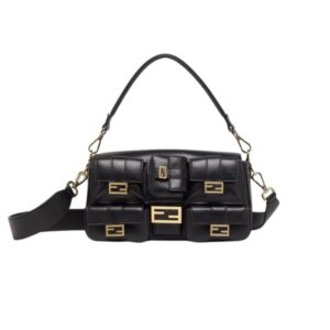 FENDI MULTIPOCKET BAGUETTE BROWN FF JACQUARD FABRIC BAG BLACK 26CM 8BR808ABVEF0KUR