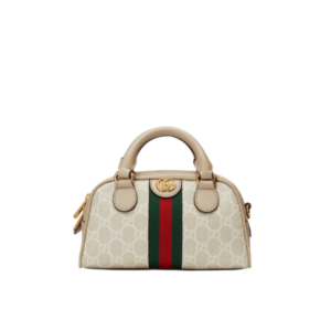 GUCCI WOMEN’S METALLIC OPHIDIA GG TOP HANDLE BAG BEIGE AND WHITE 32CM 724606 FABEX 9642