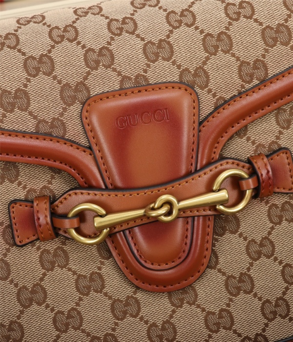 GUCCI LADY WEB ORIGINAL GG SHOULDER BAG BEIGE AND LIGHT BROWN HAND STAINED LEATHER 25CM 383848 KH1VA 8527 - Image 9