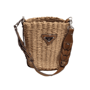 PRADA RAFFIA AND LEATHER BUCKET BAG