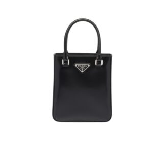 PRADA LOGO EMBELLISHED LEATHER CROSS BODY BAG BLACK 15CM