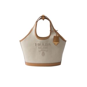 PRADA MEDIUM LINEN BLEND AND LEATHER TOTE BAG NATURAL 25CM 1BG471 2DLI F0018 V OAH