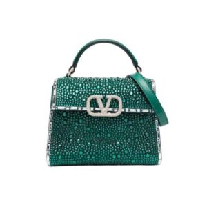 VALENTINO GARAVANI VSLING HANDBAG WITH SPARKLING CRYSTALS AND JEWEL EMBROIDERY IN CALFSKIN GREEN 20CM
