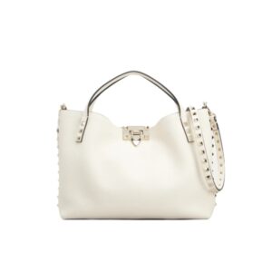 VALENTINO GARAVANI ROCKSTUD CALFSKIN SMALL TOTE BAG WHITE 26CM