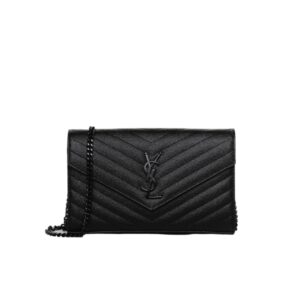 SAINT LAURENT CASSANDRE MATELASSÉ CHAIN WALLET IN GRAIN DE POUDRE EMBOSSED BLACK NOIR 22CM 377828BOW081000