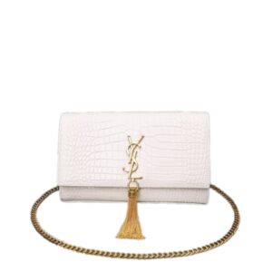SAINT LAURENT KATE MEDIUM CHAIN BAG WITH TASSEL IN CROCODILE-EMBOSSED SHINY WHITE 354119DND0J9207