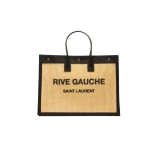 SAINT LAURENT RIVE GAUCHE LARGE TOTE BAG IN GLAZED LEATHER BLACK AND BEIGE 48CM