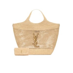 SAINT LAURENT RAFFIA ICARE TOTE BAG NATUREL AND BROWN GOLD 45CM 772191GAAEK2063