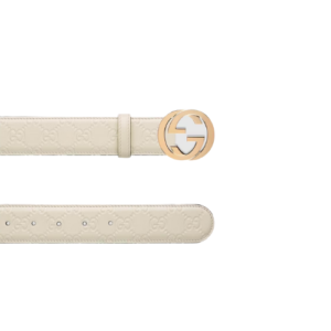 GUCCI CALFSKIN MONOGRAM WHITE BELT GOLD METAL 3.5CM