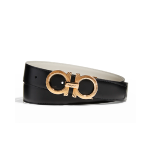 SALVATORE FERRAGAMO GANCINI BLACK LEATHER BELT WITH GOLD METAL BUCKLE