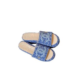 CHANEL TWEED CC PLATFORM SLIDE SANDALS BLUE