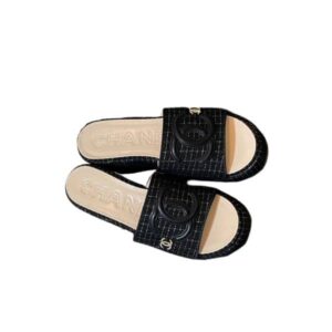CHANEL TWEED CC PLATFORM SLIDE SANDALS BLACK