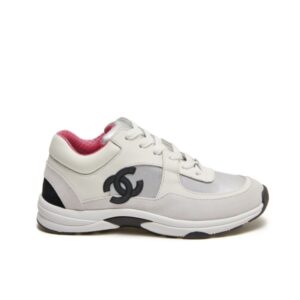 CHANEL SUEDE AND LEATHER CC LOW TOP SNEAKERS WHITE PINK