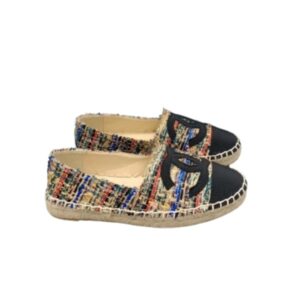 CHANEL TWEED GROSGRAIN CC ESPADRILLES SLIP ON MULTICOLOR BLACK