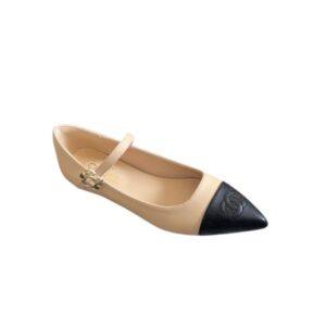 CHANEL POINTED TOE DOLL SHOES WITH GOLD FLOWER IN BEIGE