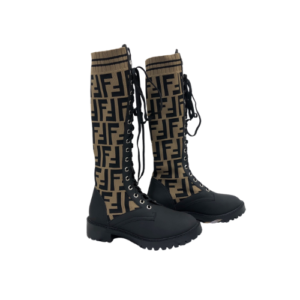 FENDI ROCKOKO LEATHER BIKER LONG BOOTS WITH STRETCH FABRIC BROWN