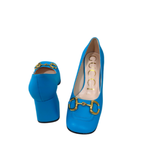 GUCCI WOMEN’S MID HEEL PUMP WITH HORSEBIT BLUE