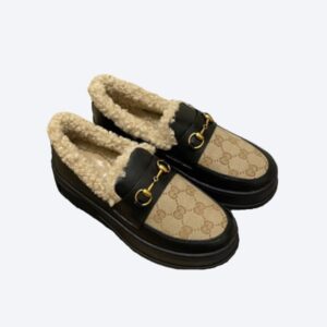 GUCCI FLEECE COLLAR LOAFERS GG BEIGE AND BLACK LEATHER