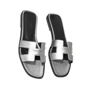 HERMES SLIPPERS FLAT ORAN SILVER AND BLACK H021056Z