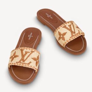 LOUIS VUITTON LOCK IT FLAT MULE COGNAC BROWN LEATHER