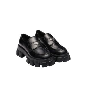 PRADA MONOLITH BRUSHED BLACK LEATHER LOAFERS 2DE129B4LF0002