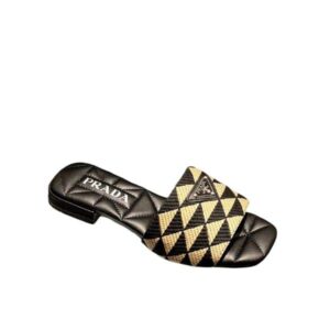 PRADA EMBROIDERED FABRIC SLIDES BLACK YELLOW