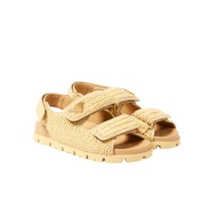 PRADA MONOLITH CROCHET RAFFIA EFFECT SANDALS IN NEUTRALS