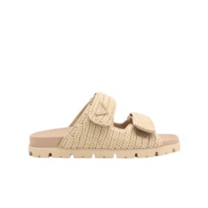 PRADA FUSSBETT RAFFIA DUAL BUCKLE SLIDE SANDALS BEIGE