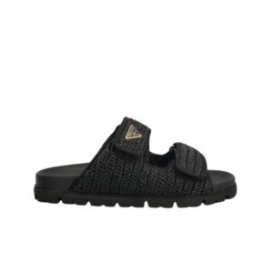 PRADA FUSSBETT RAFFIA DUAL BUCKLE SLIDE SANDALS BLACK