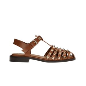 VALENTINO GARAVANI BROWN ROCKSTUD CAGE FLAT SANDALS BROWN
