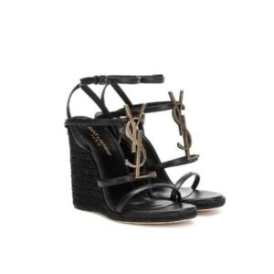 SAINT LAURENT CASSANDRA 115 LEATHER AND RAFFIA WEDGE BLACK SANDALS