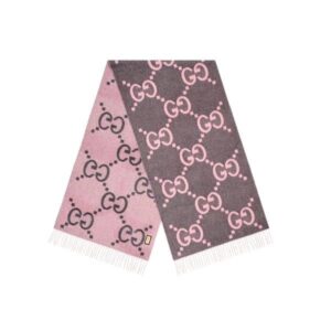 GUCCI GG CASHMERE JACQUARD SCARF GREY AND PINK 674275 3G344 1272