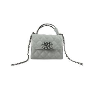 CHANEL TOP HANDLE CLUTCH WITH CHAIN IN CAVIAR SILVER HARDWARE WHITE 15CM