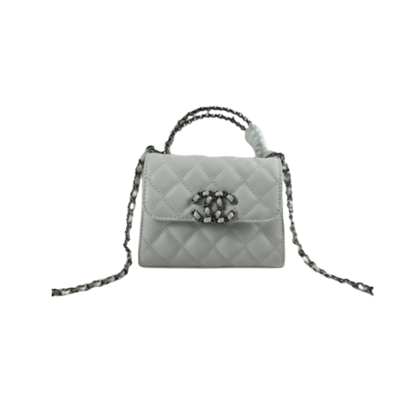 CHANEL TOP HANDLE CLUTCH WITH CHAIN IN CAVIAR SILVER HARDWARE WHITE 15CM